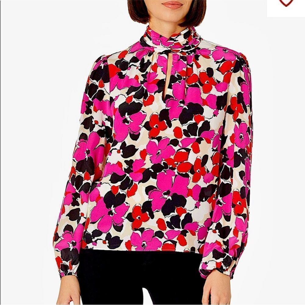 MILLY | Essie High Neck Floral Silk Long Sleeve Blouse Cutout Women’s Size Small